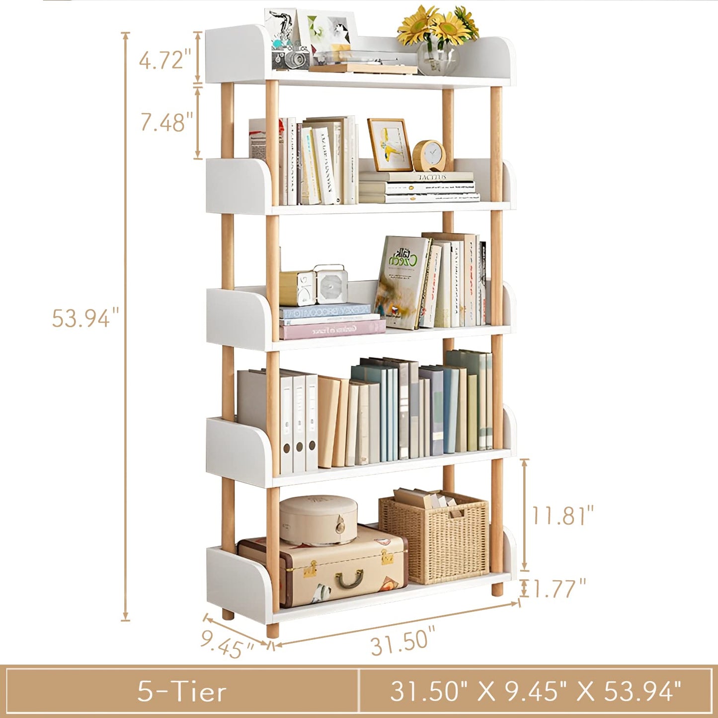 OSCHF 5-Tier Wooden Open Bookcase - Modern Display Bookshelf with Top Edge and Solid Wood Frame for Home and Office, Storage Cabinet, Warm White