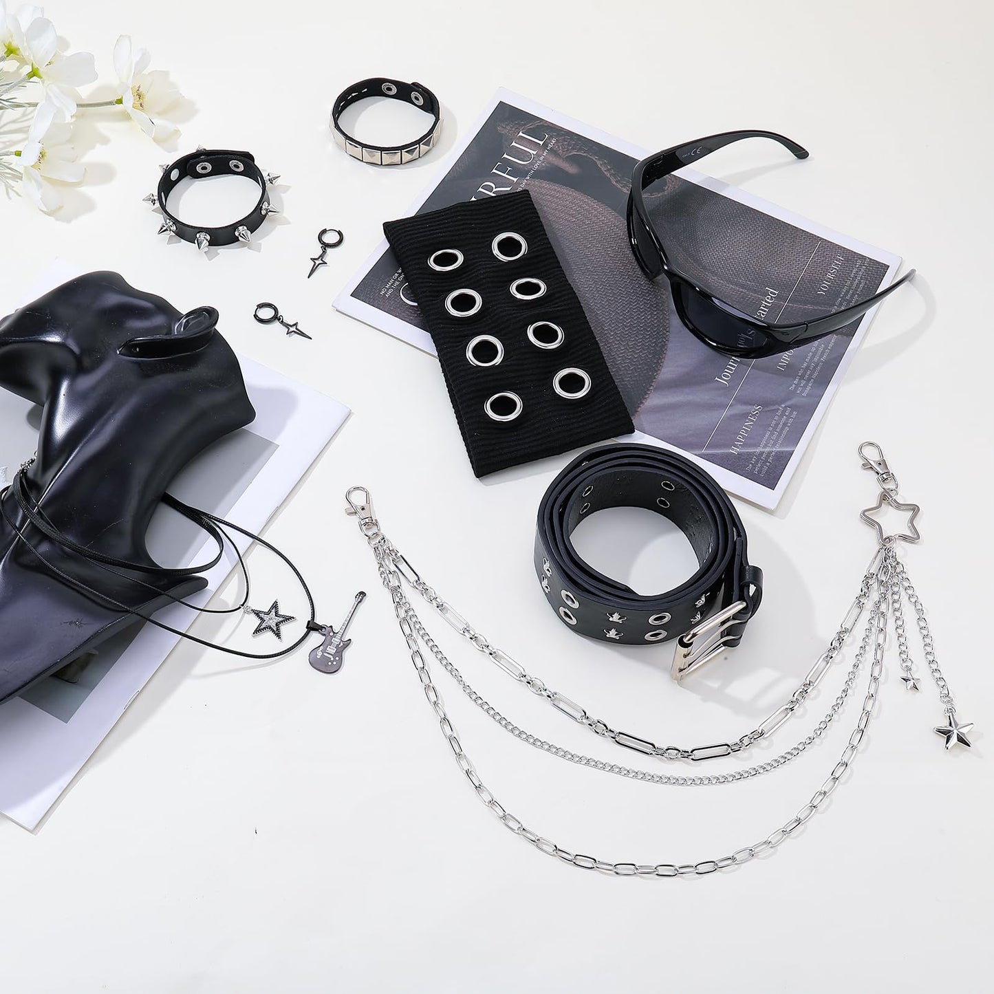 JATEBI 8 Pcs Gothic Punk Rock Accessories for Women, Y2K Accessories Set Black Studded Belt Bracelets Grommet Headband Punk Star Pants Chain Necklaces Earrings Sunglasses for Women