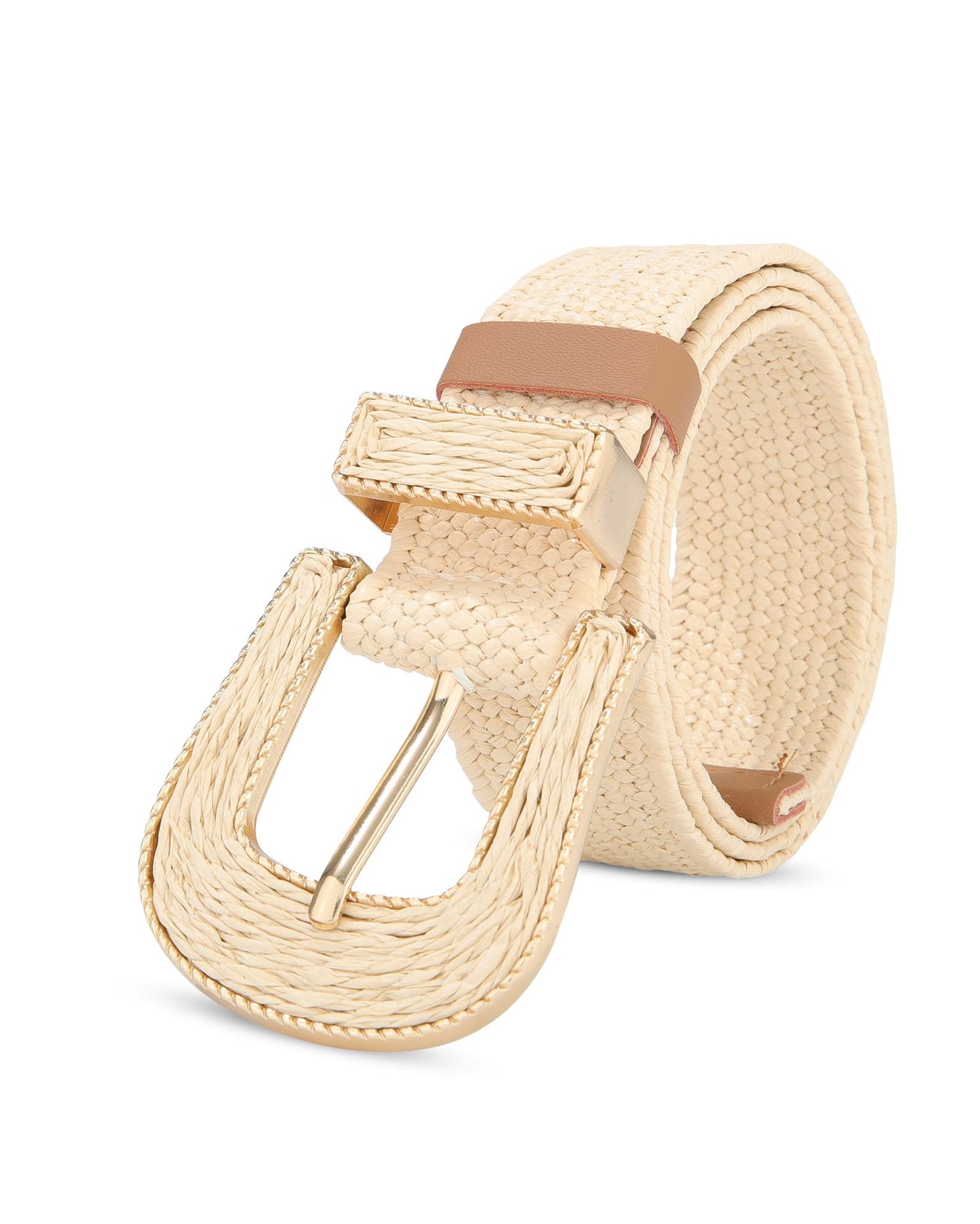 AWAYTR Womens Boho Woven Belt - Easy Care Plastic Elastic Belt with Handmade Raffia Buckle for Daily Vacation Work,Beige,Fit Waist 31''-36''