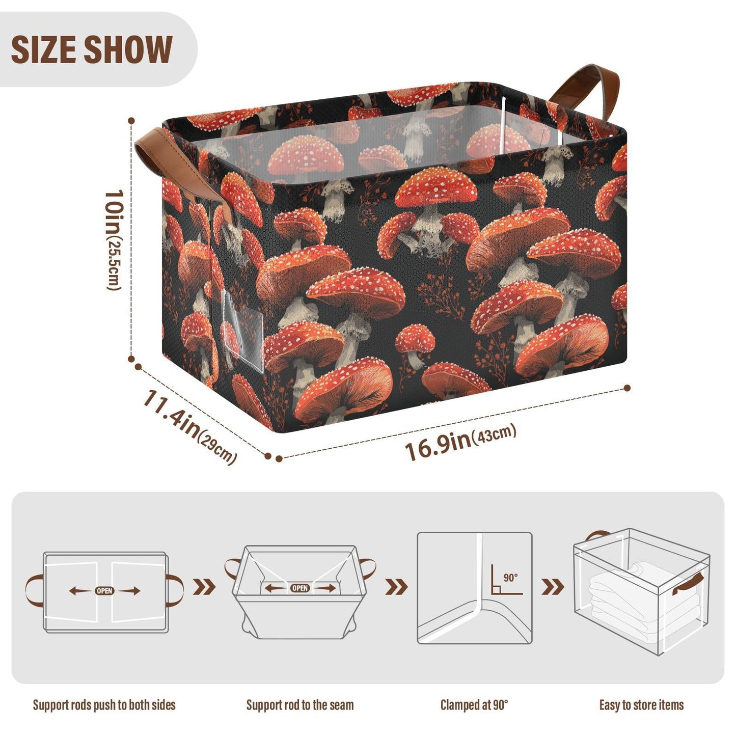 Red Mushrooms Amanita Mushroom Storage Basket Foldable Cube Storage Bins with Handles&Label Waterproof Collapsible Organizer Box Bin Large Rectangle Decorative Baskets for Shelves Home Room Laundry