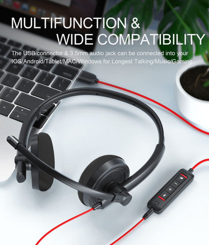 HROEENOI USB Headset, Noise Cancelling Headphones with Microphone, PC Headset Wired for Computer/Mac/Laptop, with USB+3.5mm Jack, in-line Controls for Office Home Business
