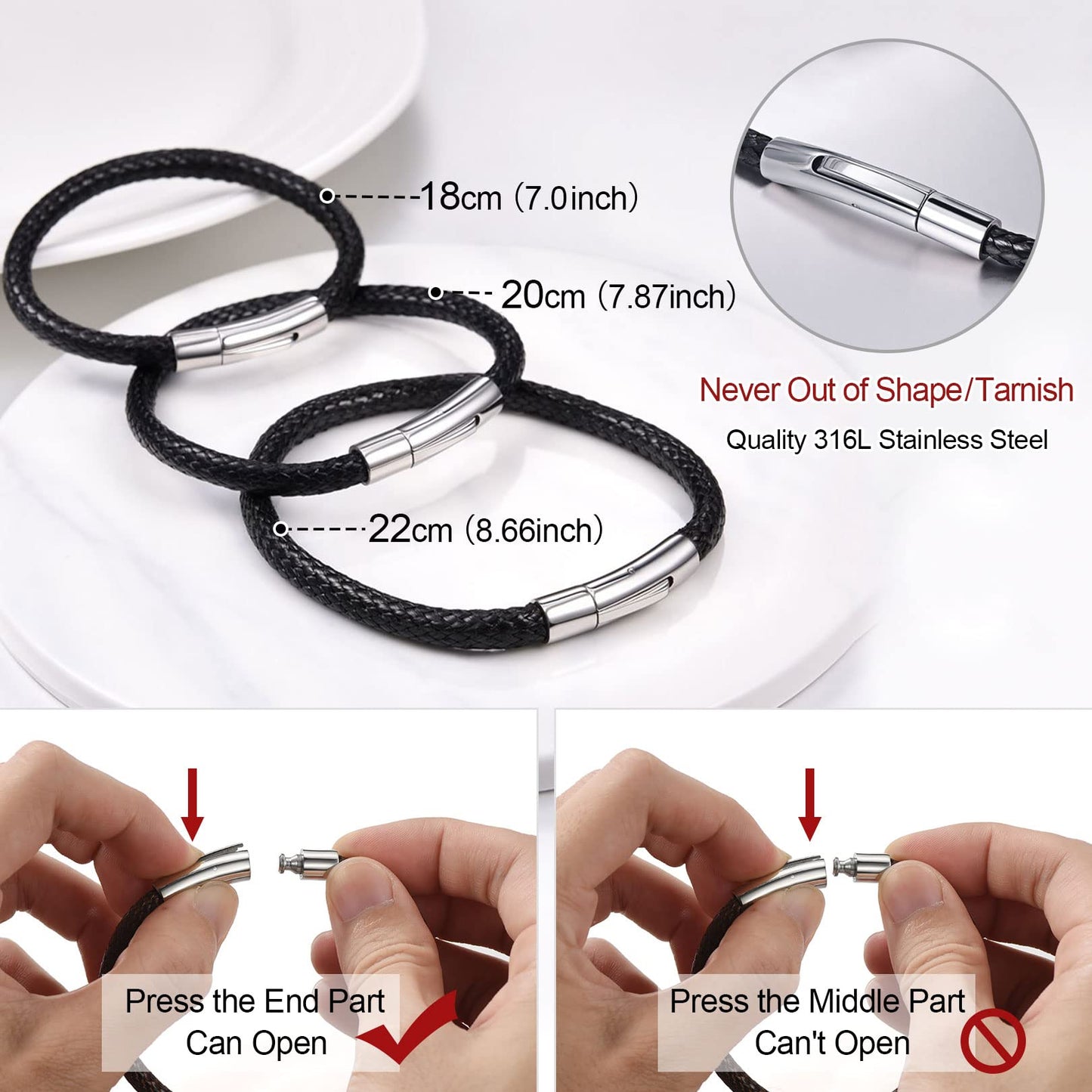FOCALOOK Black Leather Bracelet for Men, Braided Wax Rope Bracelet with Stainless Steel Clasp Engraved Inspirational Wristband Fathers Day Gift for Him Husband Dad Friend 7inch(18cm)