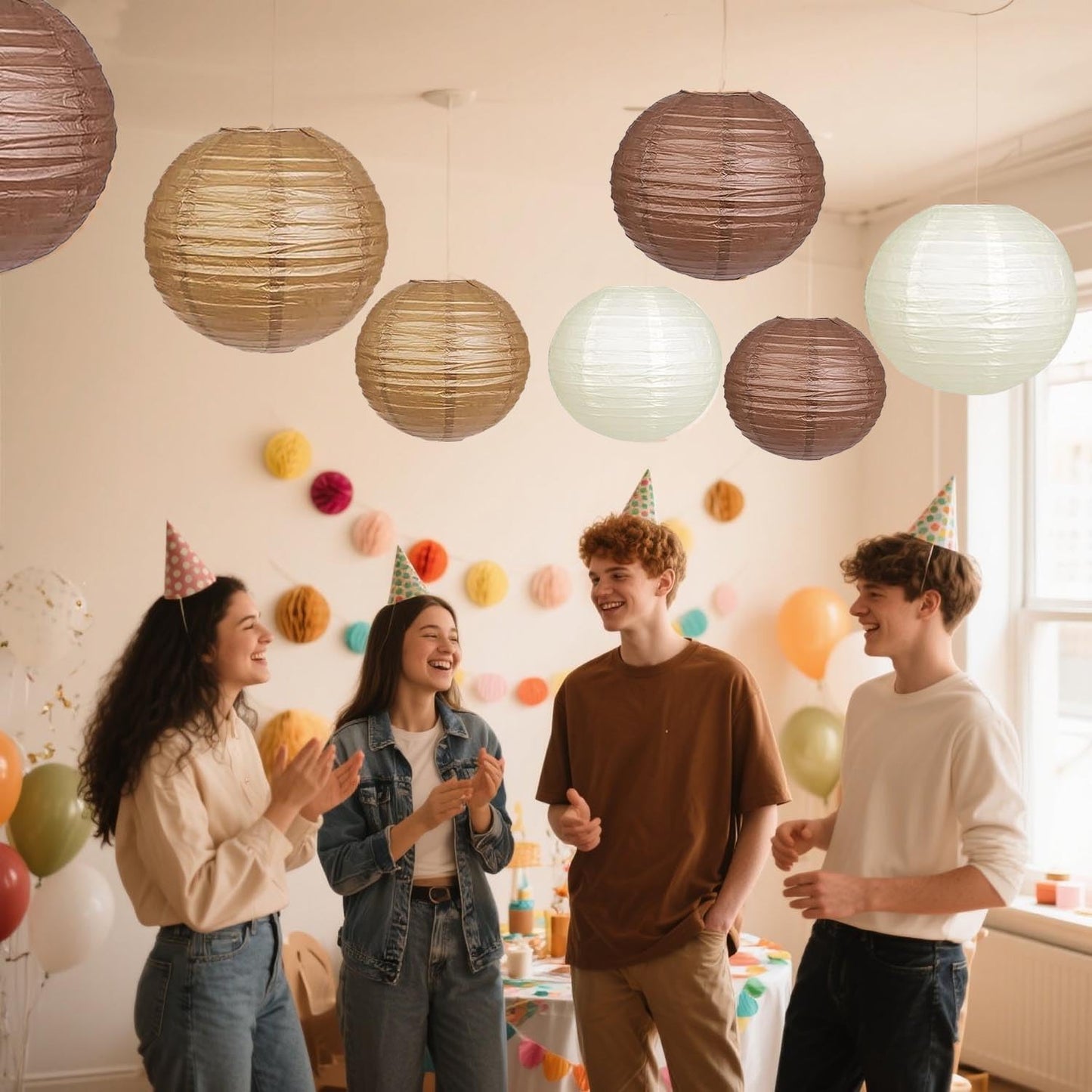 KUNYYI Boho Paper Lanterns, 12 Pcs Brown Nude White Chinese Lanterns Different Sizes for Baby Shower Garden Tea Party Bachelorette Birthday Wedding Party Decorations