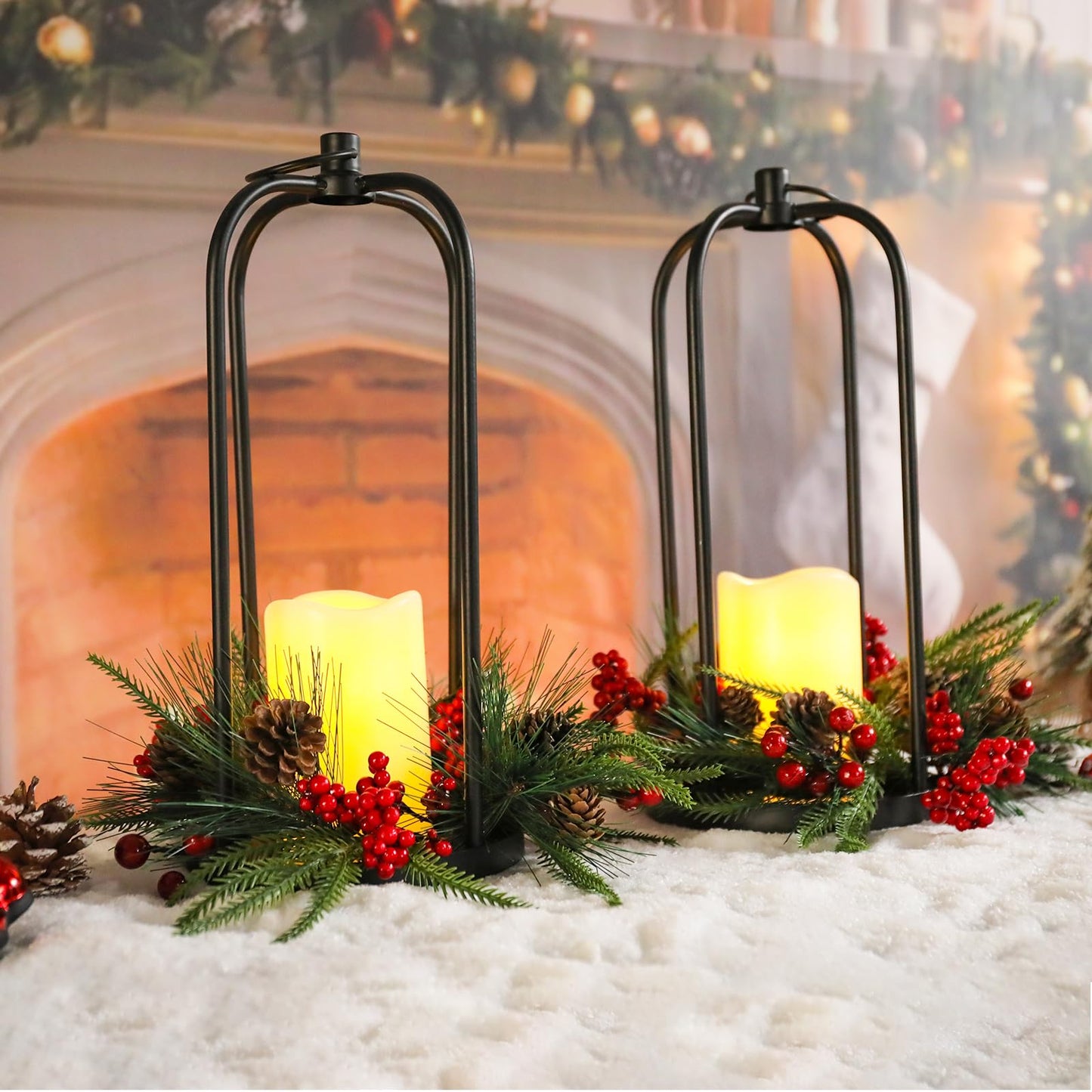Bdor Christmas Lantern Decor Set of 2 – 14" Tall Hanging Metal Candle Holder with Pine Cones, Berries and LED Flameless Candle – Holiday Table Centerpiece for Indoor Home Decoration
