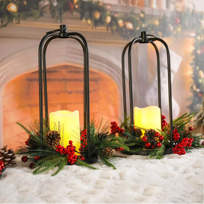 Bdor Christmas Lantern Decor Set of 2 – 14" Tall Hanging Metal Candle Holder with Pine Cones, Berries and LED Flameless Candle – Holiday Table Centerpiece for Indoor Home Decoration