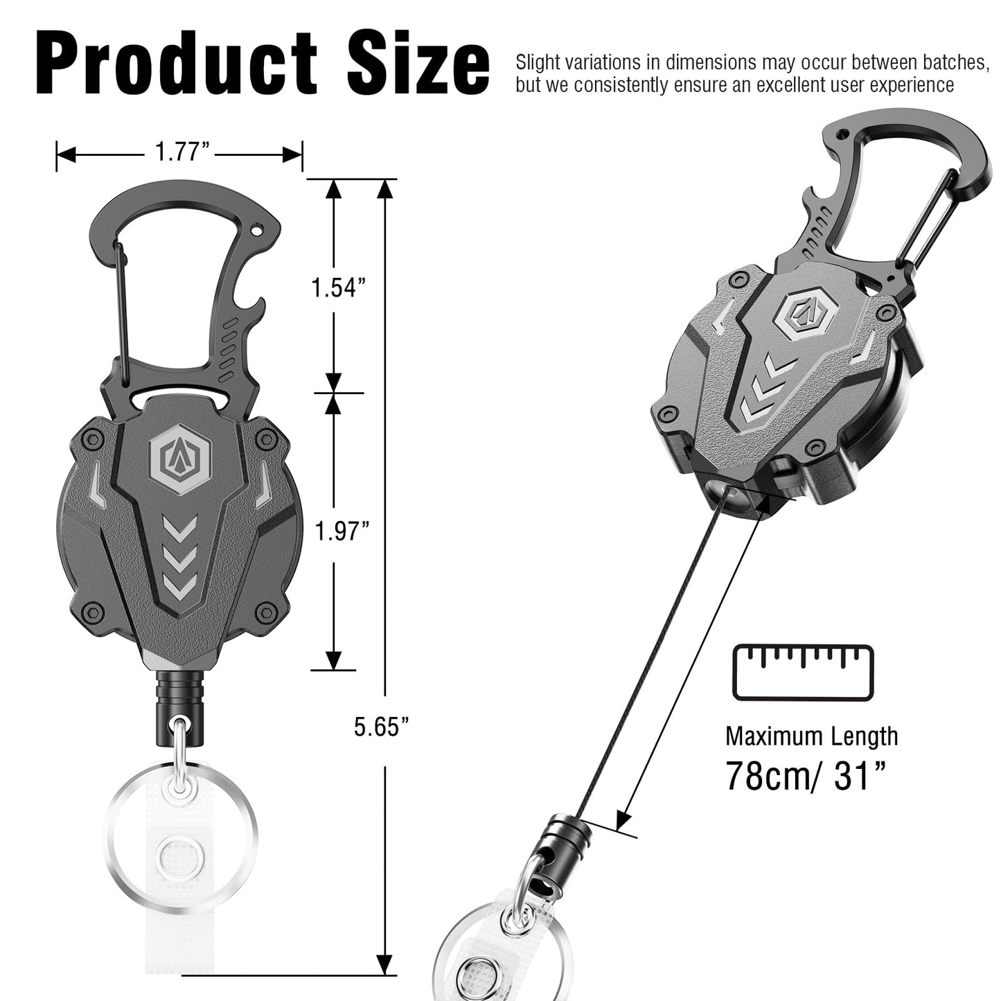 Autonomier 2Pack Heavy Duty Retractable Keychain, Tactical ID Badge Holder Reel Carabiner Clip with Magnetic Closure for Men, Unbreakable Sandwich Construction with 31" Dyneema Cord, Bearing 25oz
