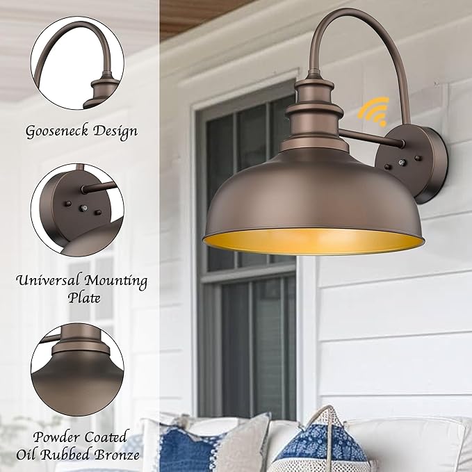 Bestshared 14 Inch Dusk to Dawn Gooseneck Barn Lights Farmhouse Outdoor Wall Sconce Industrial Exterior Wall Lighting Fixture Vintage Porch Lantern Lamp for Patio,Garage,Front Door(ORB+Gold,14"-1Pack)