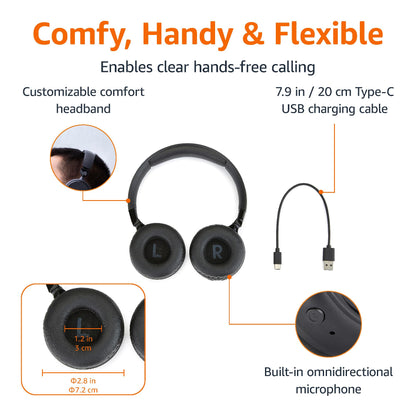 Amazon Basics Bluetooth On-Ear Headphones Wireless with Microphone, Deep Bass, 35 Hour Playtime, Foldable, Collapsible, Portable Travel Friendly, Black