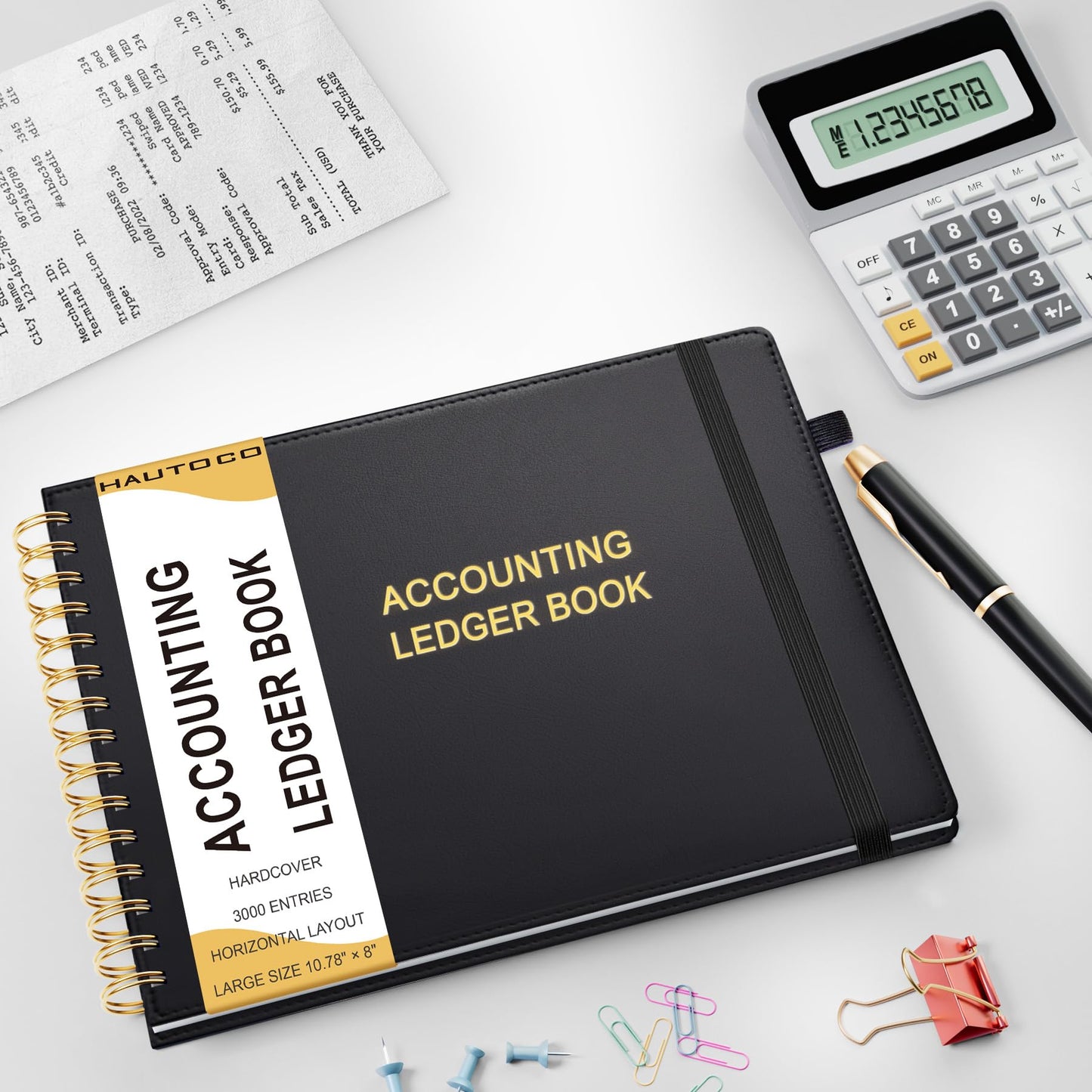 HAUTOCO Hardcover Accounting Ledger Book for Small Business Bookkeeping Horizontal Money Expense Tracker Notebook with 2 Storage Pouch, Personal Columnar Log Journal 10.78 x 8'', Black