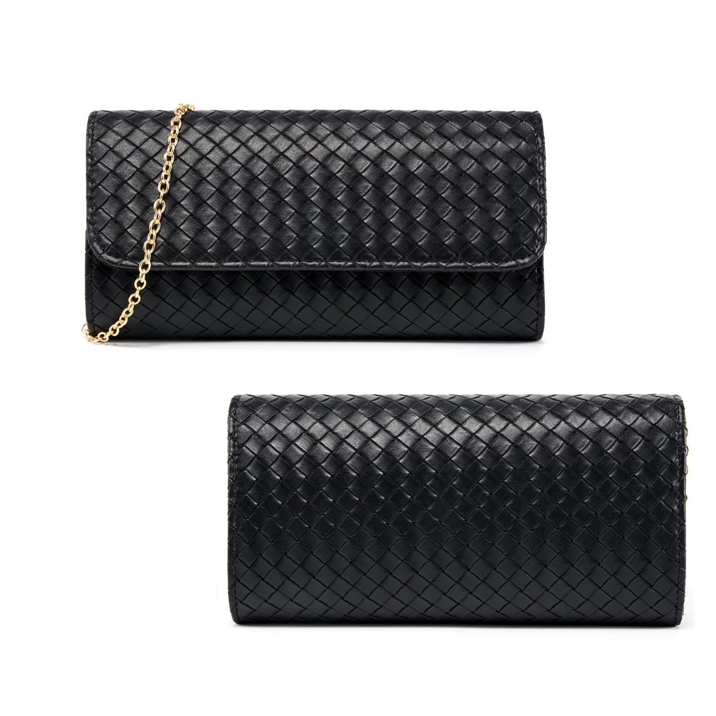 MUDUO Women's Woven Evening Bag Faux Leather Shoulder Handbag Fashion Crossbody Clutch Purse (BZ18-Black)