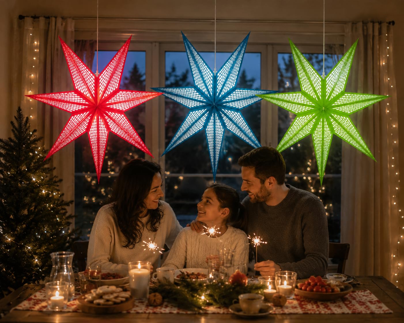 GalaxyArts 7-Point Paper Star Lantern - Striped Cutout Hanging Light Decoration - Foldable Hollow Out Star Lamp Shade for Home, Party, Christmas, Wedding Décor - Indoor/Outdoor 3D Hanging Star(Red)