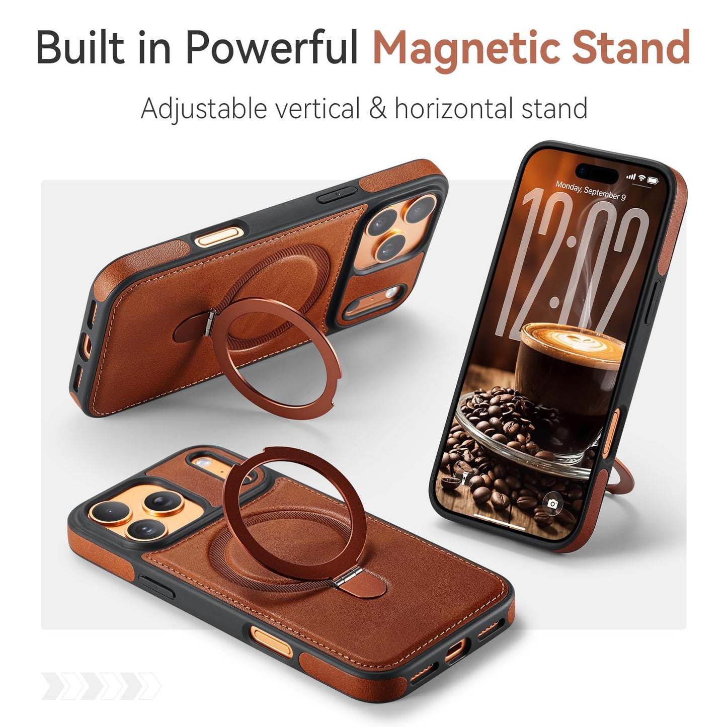 CHEEWADA for iPhone 17 Pro Max Case with Stand, Compatible with MagSafe, Slim PU Leather & TPU Drop-Proof Protective Magnetic Kickstand Phone Cases with Tempered Glass Screen Protector 6.9", Brown