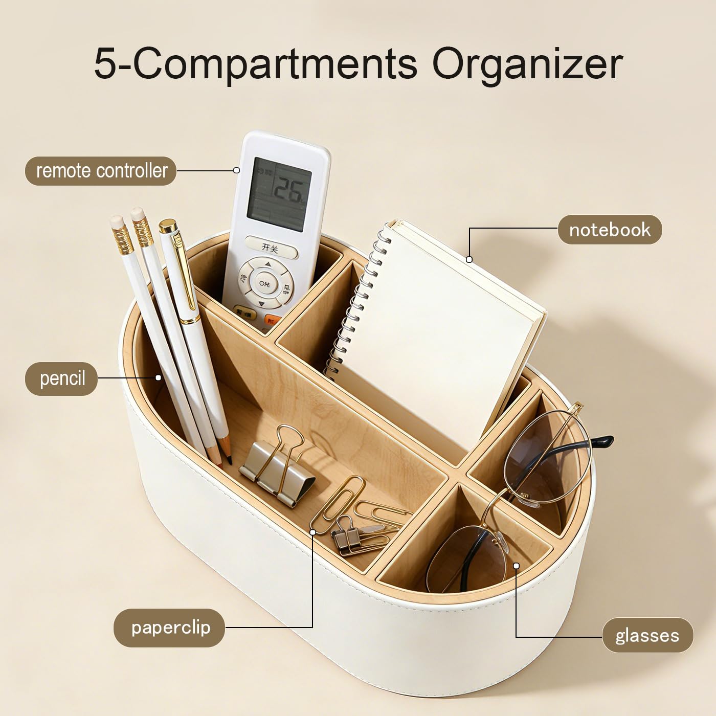 KINGFOM PU Leather Desk Organizer with Multi Compartments, Desktop Caddy Holder for Remote Controls, Pens, Makeup Brushes, Office Accessories (Beige)