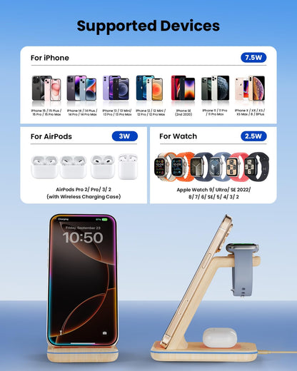 Wireless Charging Station for Apple - 3 in 1 Wireless Charger Stand Dock Watch and Phone Charger Station for Apple Watch 11/8/7/SE/6/5/4/3/2, iPhone 17 16-12 Pro Max SE XS X, Samsung, AirPods Pro/3/2