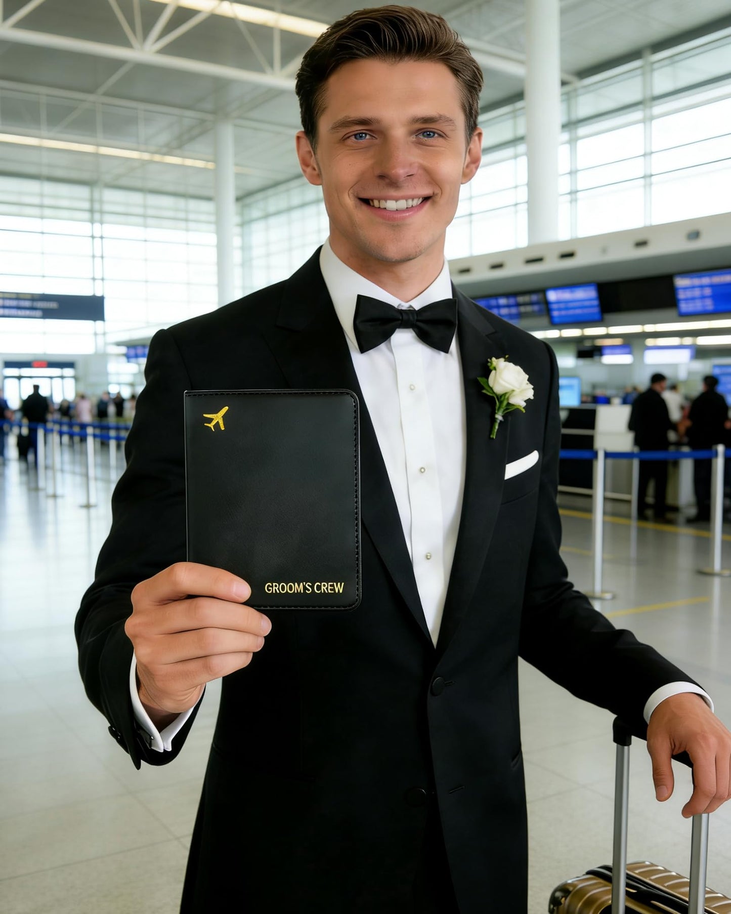Groomsmen Gifts Passport Holders - Groom's Crew Gold Hot Stamping | PU Leather Travel Wallet | Bachelor Party Proposal Gift for Groomsman