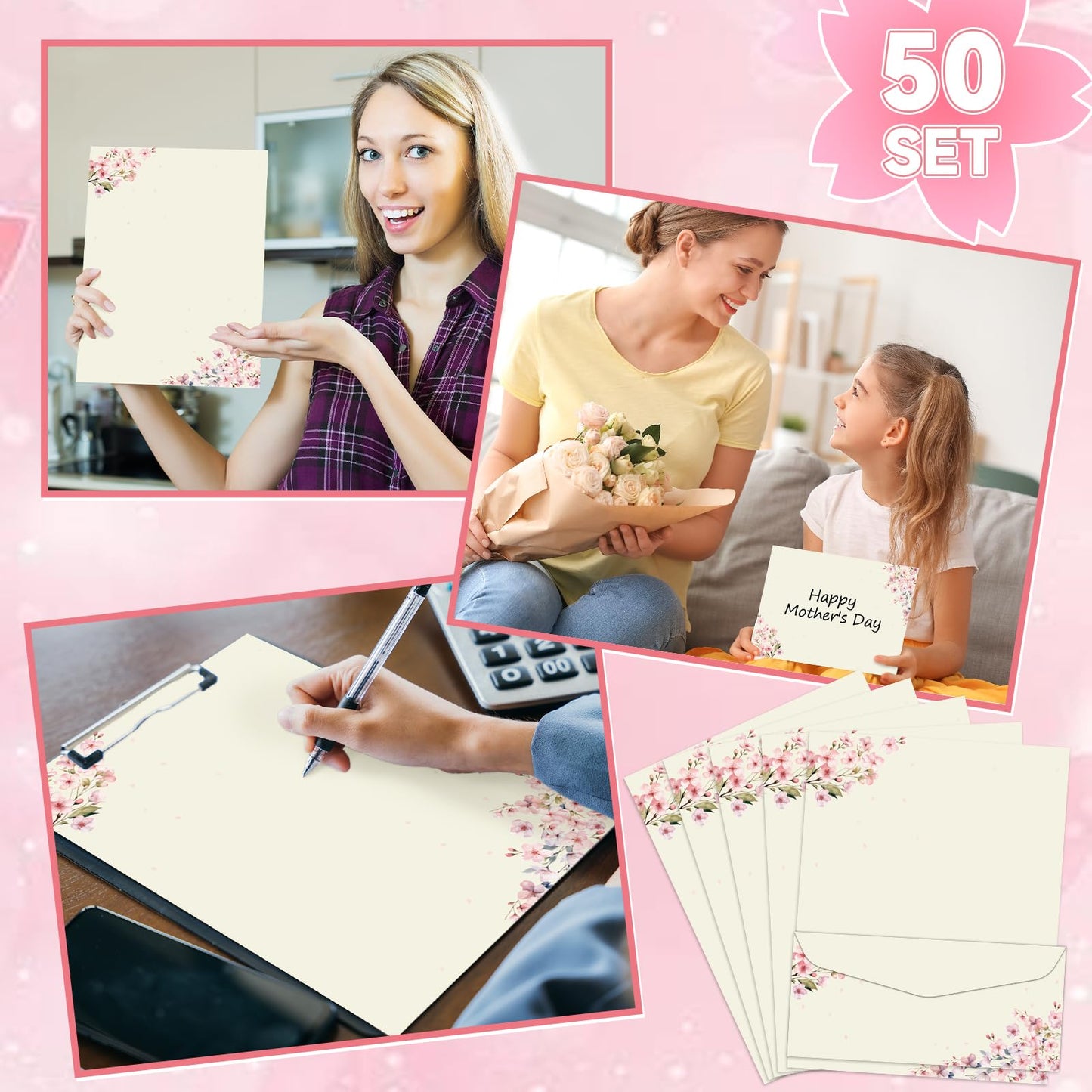 50Pcs Cherry Blossoms Letterhead with Envelopes Floral Cherry Blossoms Computer Paper Pink Floral Stationery Paper for Note Letters to Wedding Invitations Office School Printing Supplies 8.5 x 11 Inch