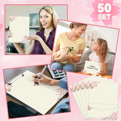 50Pcs Cherry Blossoms Letterhead with Envelopes Floral Cherry Blossoms Computer Paper Pink Floral Stationery Paper for Note Letters to Wedding Invitations Office School Printing Supplies 8.5 x 11 Inch