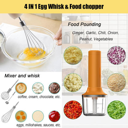 4-in-1 Electric Hand Mixer, Electric Whisk, Mini Onion Chopper 10Oz, Small Cordless Hand Blender, Milk Frother Wand for Coffee, Matcha, 4 Speed Rechargeable Food Processor for Baby Food Maker