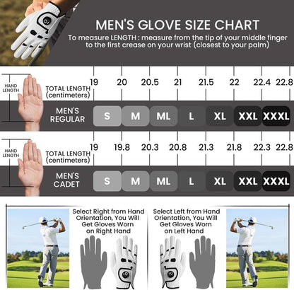 FINGER TEN Men’s Golf Gloves Left Hand Right with Ball Marker 2 Pack, Weathersof Grip Soft Comfortable, Fit Size Small Medium ML Large XL (Large, Worn on Left Hand)