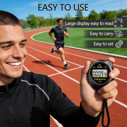 PULIVIA Stopwatch Timer with Countdown, Simple Operation Digital Stop Watch for Sports, Countdown-Alarm Button-Sound, AAA Battery Included (Black)