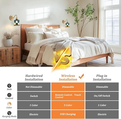 Vintage Battery Operated Wall Sconce with Remote, Rechargeable LED Wall Lamp 3 Colors Dimmable, Brass Wall Lights Fixture for Bedroom Bathroom Living Room Hallway Polygonal Checker