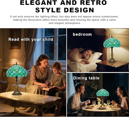 Stained Glass Tiffany Table Lamp, 12 Inch Bedside Reading Light for Bedroom, Living Room, Home Office(Sea Blue Pearl Style)
