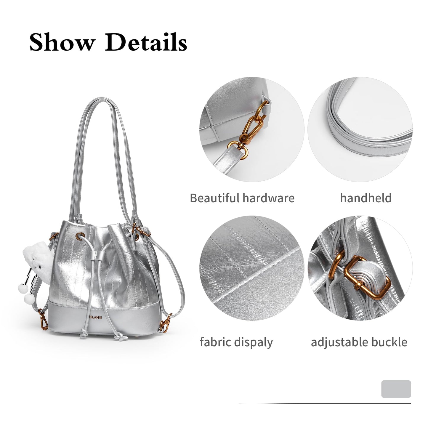 Hobo Bucket Bags for Women PU Leather Trendy Shoulder Purses Small Crossbody Bag 2025 Fashion Daily Convertible Backpack Purse with Adjustable Strap Sliver