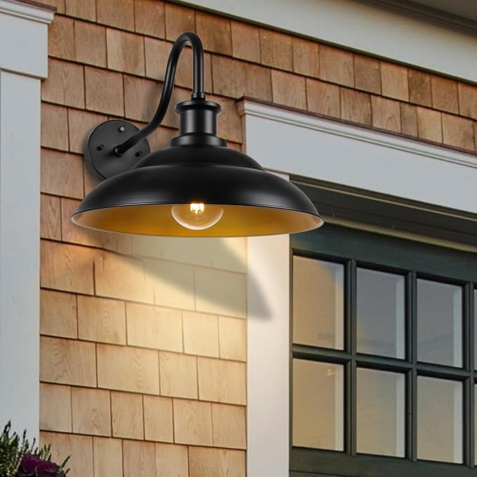 Dusk to Dawn Outdoor Gooseneck Barn Light Fixtures, 16 Inch Dome Large Wall Sconce Farmhouse Exterior Wall Mount Light for House Garage Patio Doorway, 2 Pack