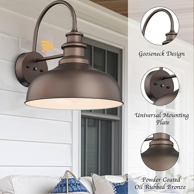Bestshared 16 Inch Dome Large Dusk to Dawn Sensor Gooseneck Barn Light Anti-Rust Farmhouse Outdoor Wall Sconce Industrial Exterior Wall Lighting Fixture, Outside Lantern G (ORB+White, 16” Dome-1Pack)
