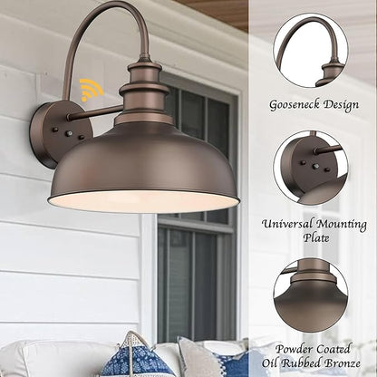 Bestshared Dusk to Dawn Gooseneck Barn Lights 16 Inch Dome Anti-Rust Farmhouse Outdoor Wall Sconce Outside Wall Mount Lighting Fixture Front Door Lantern Lamp for Patio(ORB+White,16” Dome-2Pack)