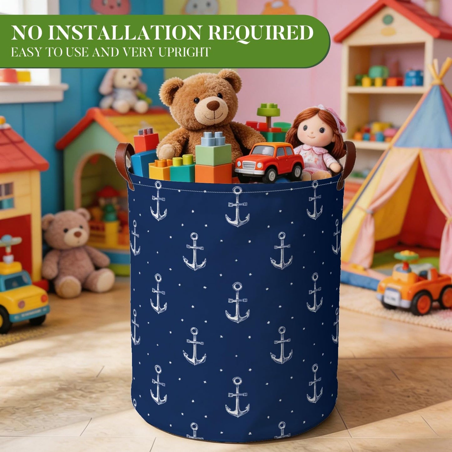 Laundry Basket 15.75 x 15.75 x 19.7 Inch Oxford Fabric Clothes Hamper with Nautical Anchor Pattern Foldable Laundry Storage Bin with Handles for Bedroom Bathroom Dorm Dirty Clothes Organizer