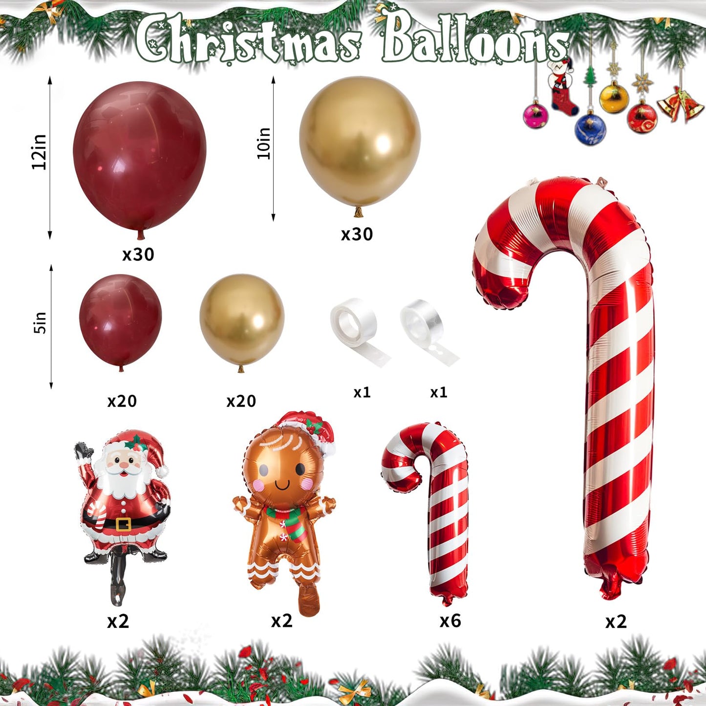 Christmas Balloon Arch Garland Kit, 114Pcs Retro Red Metallic Gold Latex Balloons with Large Cane Gingerbread Man Santa Claus Xmas Foil Balloons for Birthday Merry Christmas Party New Year Decorations