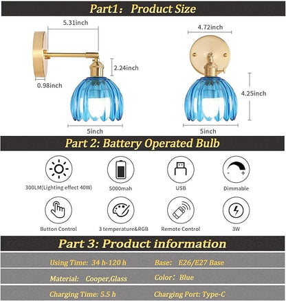 Vintage 5000 mAh Battery Operated Wall Sconce with Blue Clear Tulip Glass Lampshade Rechargeable Battery Powered Wall Light with Remote Control for Bedroom Doorway, Set of 2