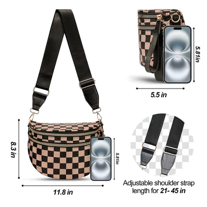 Checkered Crossbody Bag,Nylon Bum Bags for Women Crossbody,Spacious Sling Bag Purse Fanny Packs with Shoulder Strap