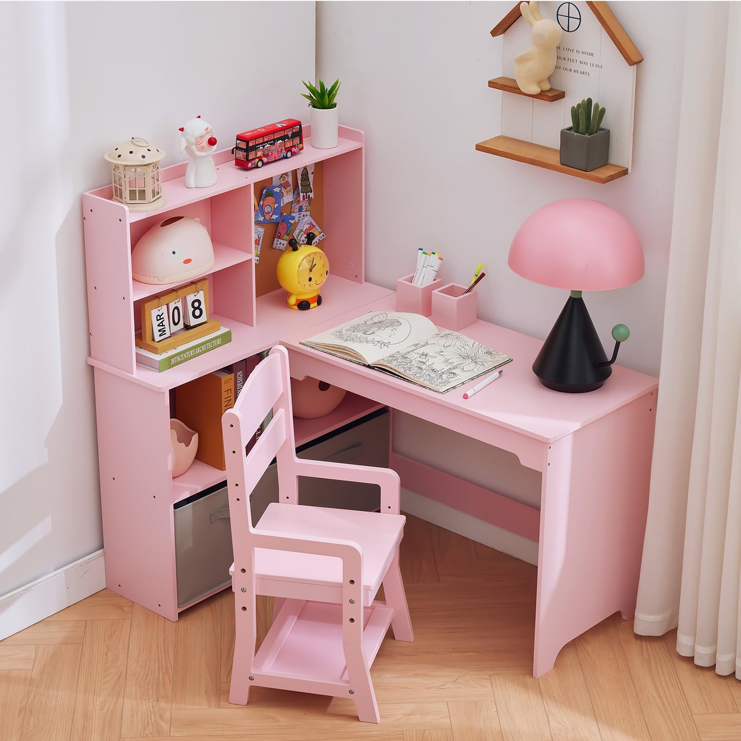 Garvee Kids Corner Desk, Desk and Chair Set for Children, L Shape Kids Study Table - Features Bulletin Board Open Shelves & Storage Cabinets and Cloth Drawers, Pink