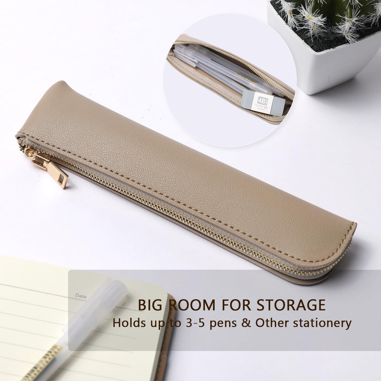 YONBEN Faux Leather Pencil Case Small Pencil Pouch Slim Pen Case Holder Zipper Bag for School Office(Black,Faux Leather)