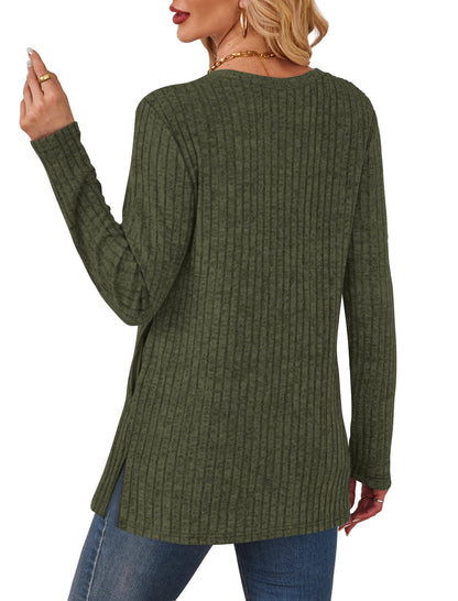 SAMPEEL Womens Sweaters Crewneck Long Sleeve Shirts with Pockets Fall Outfits 2025 Fashion Winter Clothing Side Slit