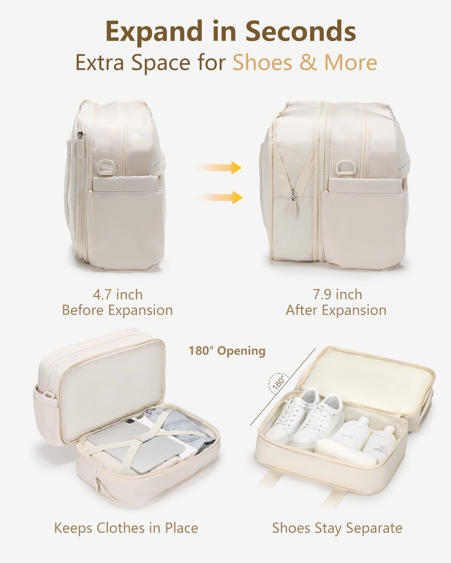 Expandable Duffle Bag for Travel, Carry On Luggage & Gym Bag for Women & Men, Small Personal Item Travel Bag, Overnight Weekender & Tote for Airplane Essentials (Beige)
