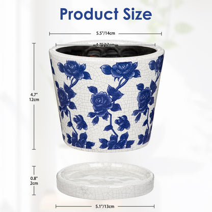 Ceramic Pot for Indoor Plants - 5.5 inch Flower Pot for Plants with Drainage Holes and Saucer Ice Crack Diamond Rose Flower Pattern Ceramic Planter for Outdoor Indoor Herb Snake Plant (Blue & White)
