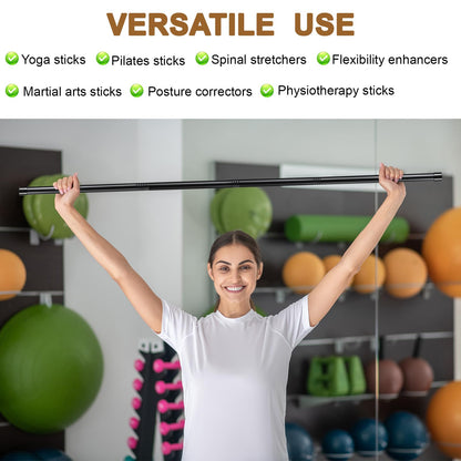 6 Set 5ft Yoga Stick Adjustable Stretching Sticks, Black Exercise Stick with Non-slip Rubber Ends, Posture Corrector Stretch Tool for Mobility Training, Workout, Balance Fitness (Per Set 5ft, Black)