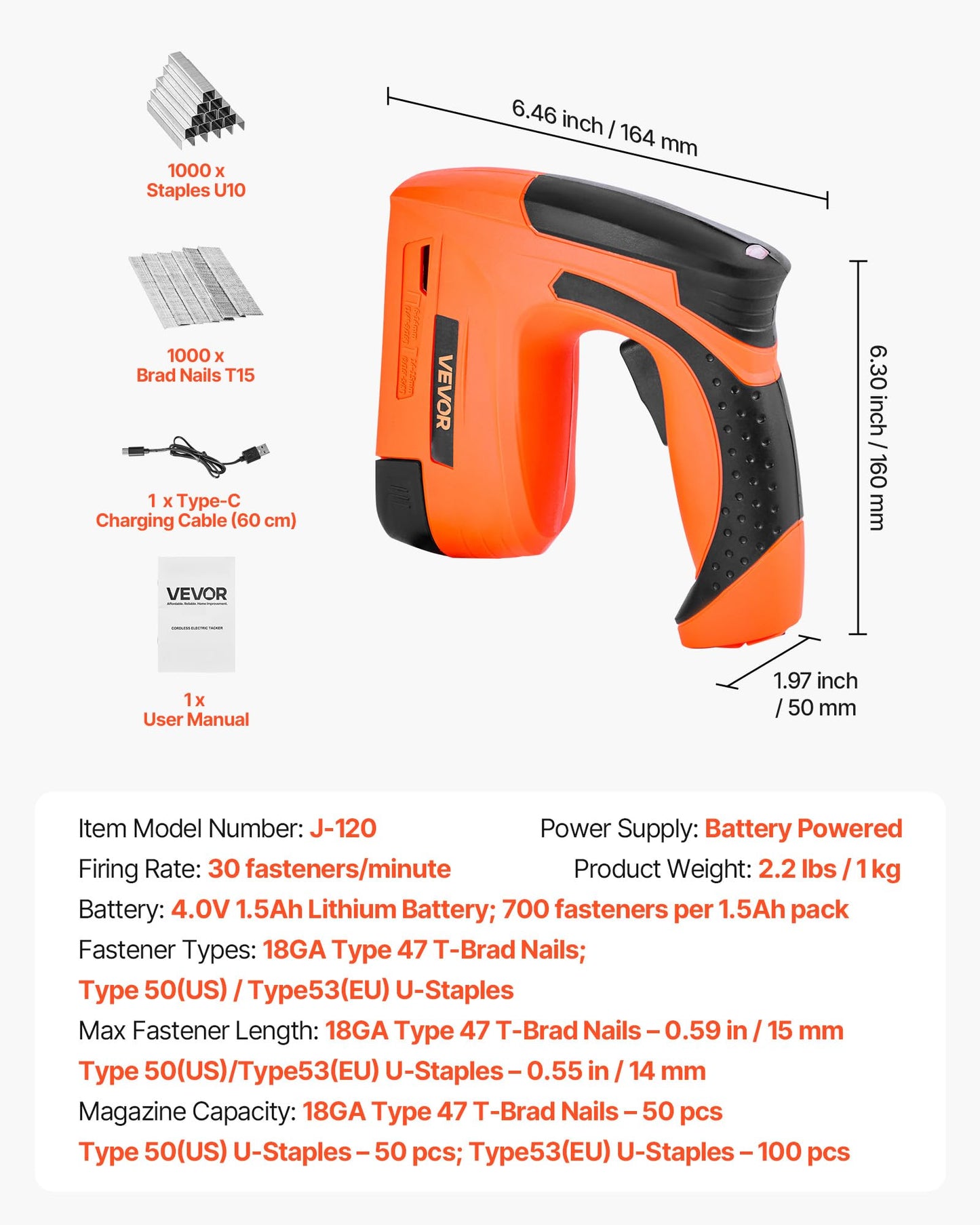VEVOR Cordless Brad Nailer, 2-in-1 Nail Gun Staple Gun, 18 Gauge 5/8 inch, Battery Powered, with 1000 Pcs Staples and 1000 Pcs Nails, Non-Slip Rubber Grip, for Woodworking, Carpentry and DIY Projects