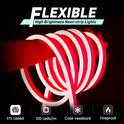 GZBtech Flexible LED Neon Rope Lights, 33FT, Waterproof, 120 LEDs/M, Red, Model 120V-ETL-Flexible-Red