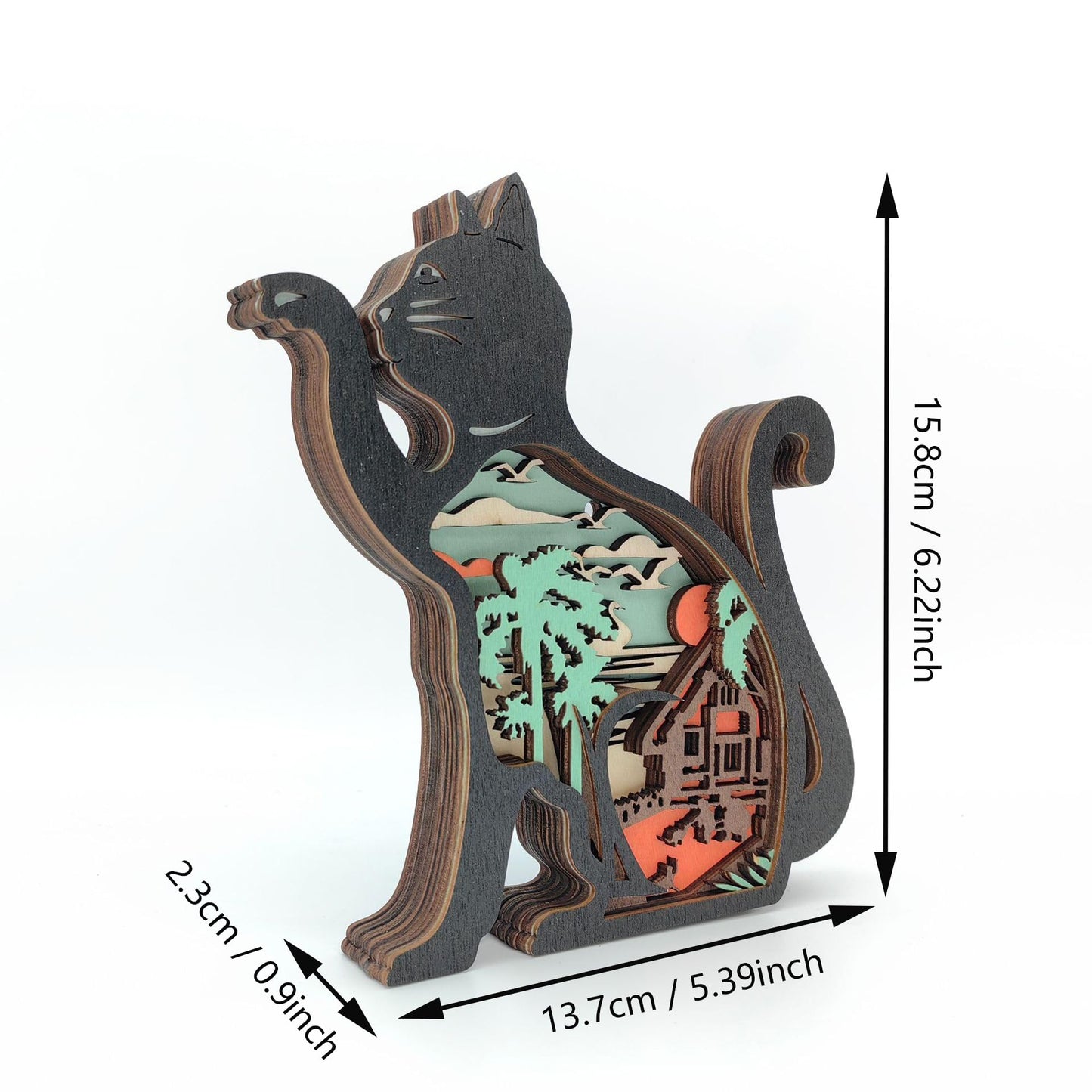 Drawelry 3D Wooden Carving Animals Lamp - Creative Fox Squirrel Wood Carved LED Night Light Garden Yard Wooden Animals Sculpture Ornaments Desktop Home Decor Birthday Gifts for Family Friend (Cat)
