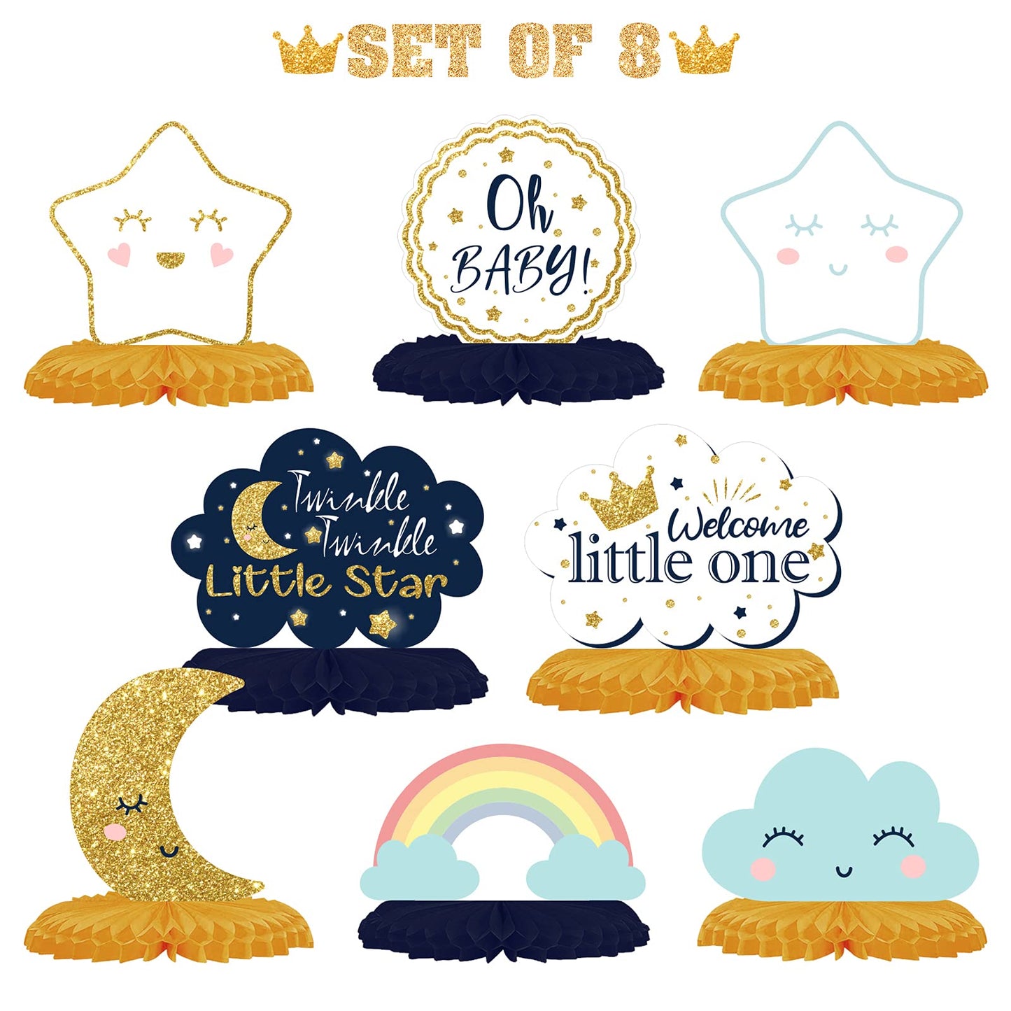 LINGTEER Twinkle Twinkle Little Star Table Honeycomb Stand Centerpieces - Cheers to Baby Shower First Birthday Welcome Little One Party Table Decorations Sign - Boy.