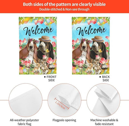 Happy Easter Basset Hound Dog Flowers Eggs Bunny Garden Flag Welcome Party Outdoor Outside Decorations Picks Home House Garden Yard Decor 12x18 Inch