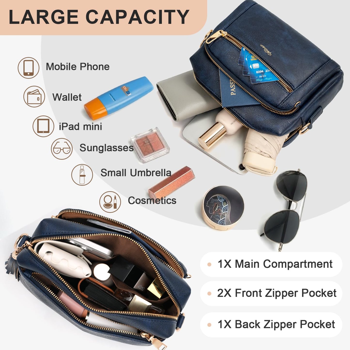 HILAEX Small Leather Crossbody Bags for Women Anti theft Purses and Handbag Shoulder Hangbag with Wide Strap Tassel Navy Blue