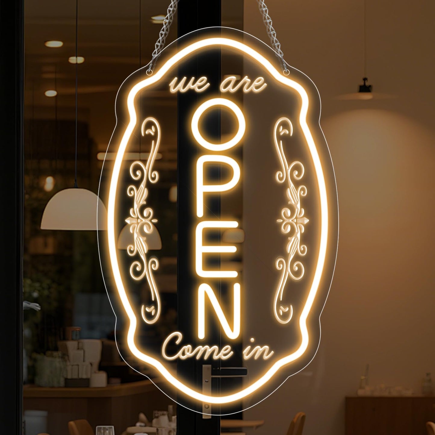 LED Neon Open Sign for Business, 16.5x10'' Come in We’re Open Sign, Warm White Adjustable Brightness Neon Lights for Party, Bar, Salon, Stores, Hotel, Wall Decor, Clubs, Hotels, Vertical