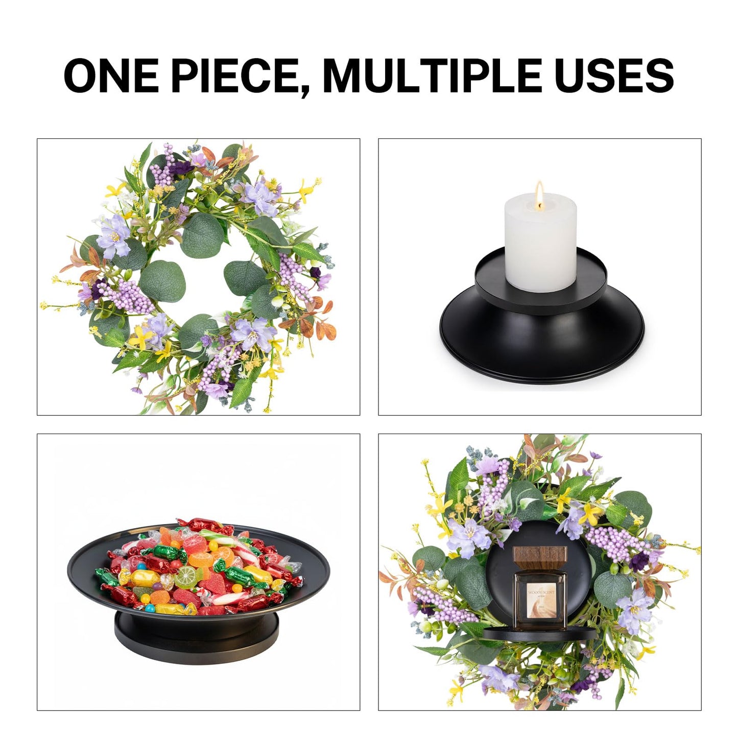 MOYEE Summer Centerpieces for Tables Candle Ring, Black Metal Candlestick with an Artificial Wreaths 14 in Versatile Dining Table Centrepiece (Purple Foam Flower Wreath)