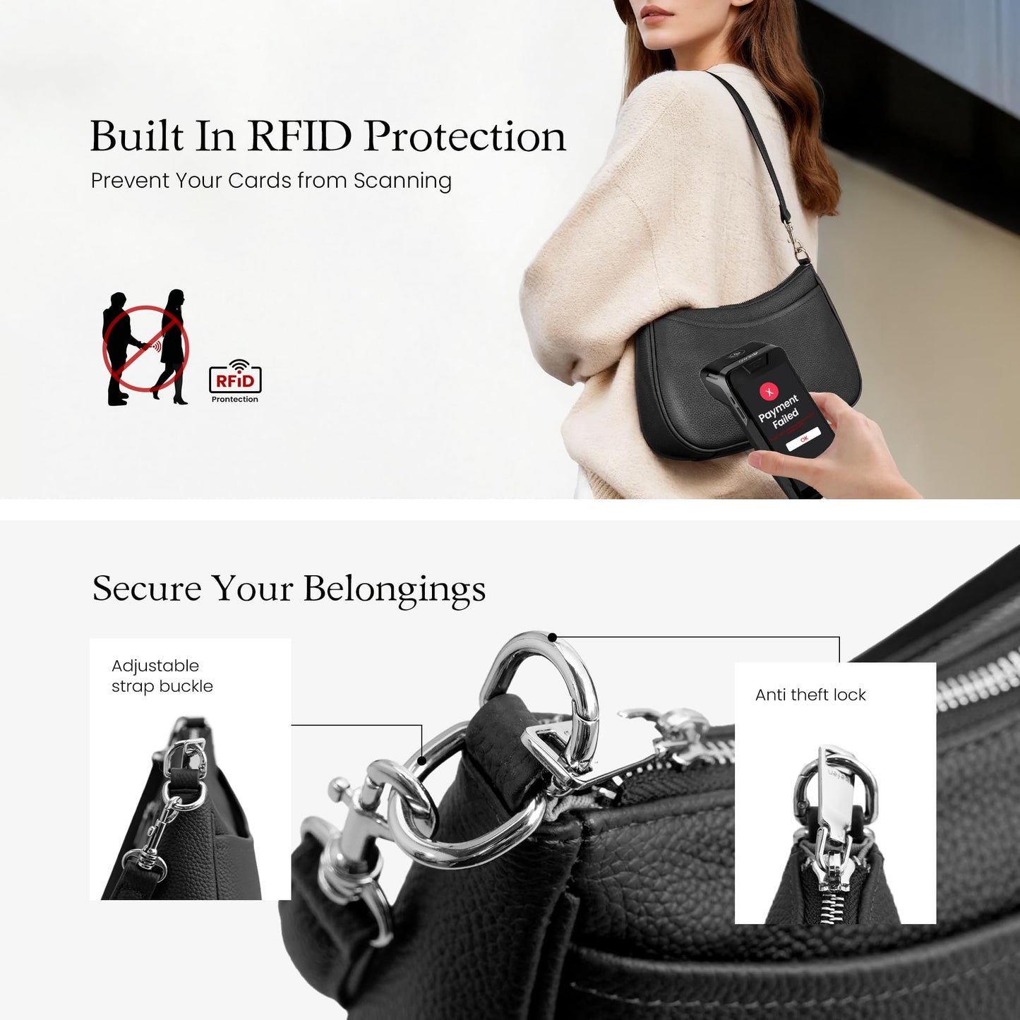 befen Anti Theft Genuine Leather Crossbody Bags for Women Black Shoulder Purses Designer Trendy Hobo Bag with RFID Blocking Soft Leather Purse Travel Womens Handbag Shoulder with 2 Detachable Straps