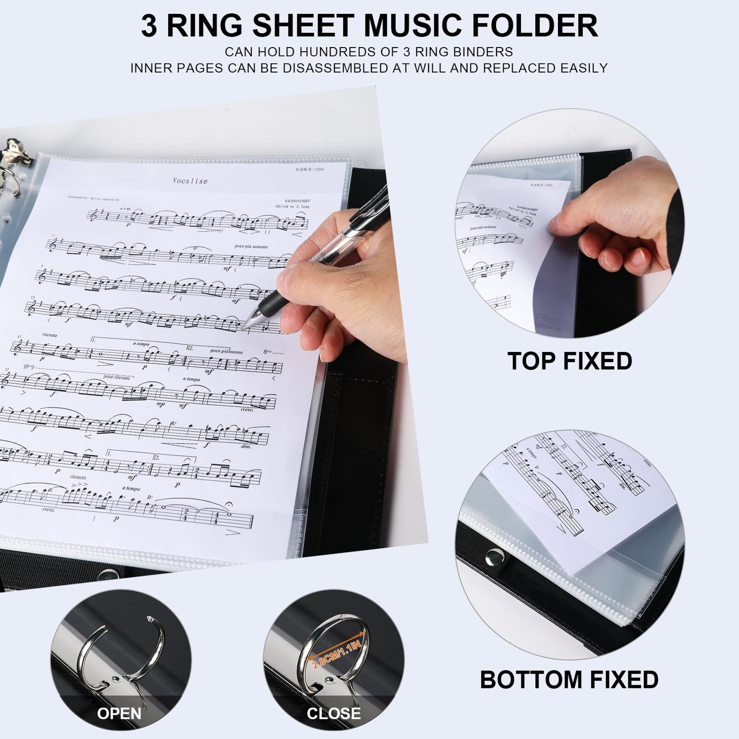 Choral Sheet Music Folder Organizer: 3 Ring Piano Music Binder with Plastic Sleeves - PU Leather Choir Folders with Hand Strap Elastic Band Fits Letter Size 8.5 x 11 inch, Black
